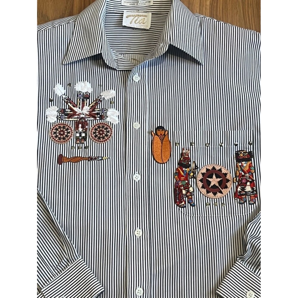 Vtg Tia Designs Southwestern Sand Painting Striped Button Down Navajo Style